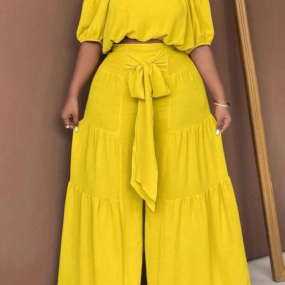 Yellow Two-Piece Wide Leg BoHo Pants Set - Picture 2 of 3